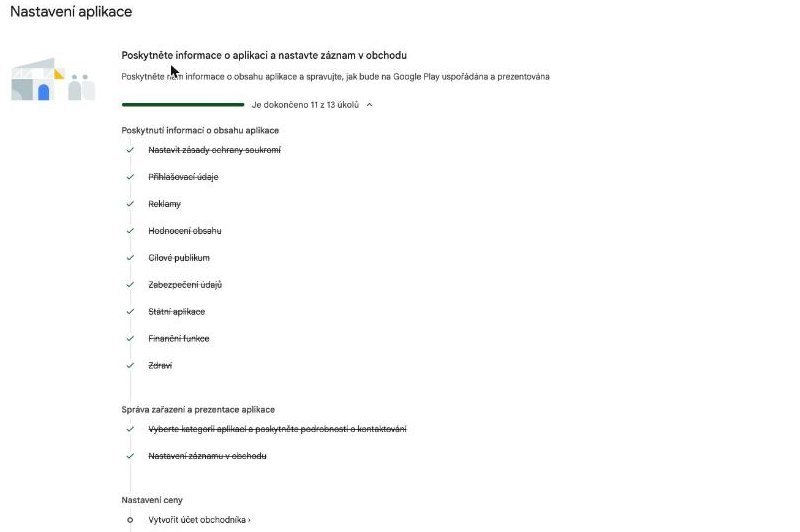 Play Console dashboard: app setup with 11 of 13 tasks done; merchant account and price still open