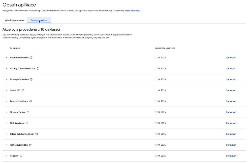 App content page with ten completed declarations