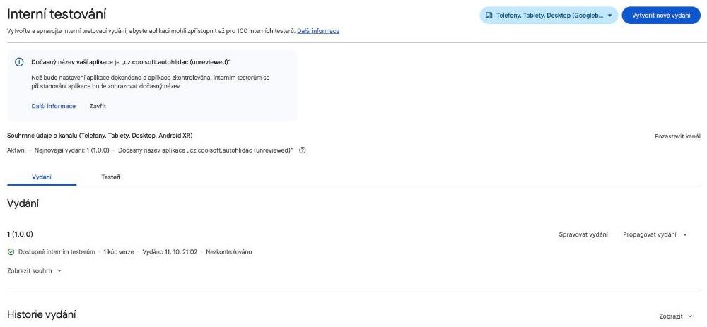 Internal testing track: release 1 (1.0.0) available to internal testers, not reviewed