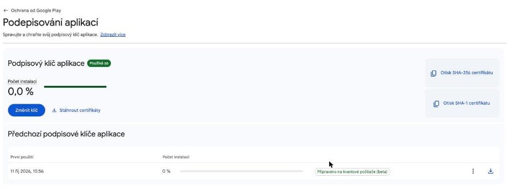 App signing page: app signing key in use, with copy buttons for SHA-256 and SHA-1 fingerprints